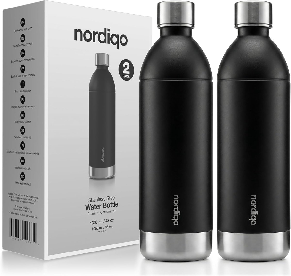 SnelShoppen - Premium RVS Fles 1.3L / 1300ml | Geschikt voor Aarke Carbonator | Vaatwasserbestendig | Lekvrij | BPA-vrij | Extra Dikke Staal | 2-Pack