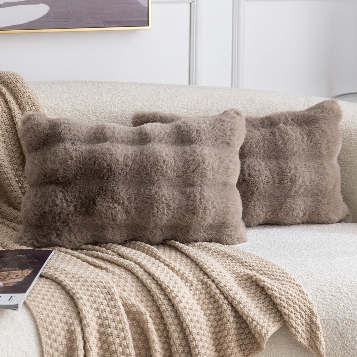 SnelShoppen - Set van 2 Dikke Pluche Faux Wol Decoratieve Kussenhoezen 40x60cm Taupe voor Sofa en Slaapkamer, Zacht en Comfortabel