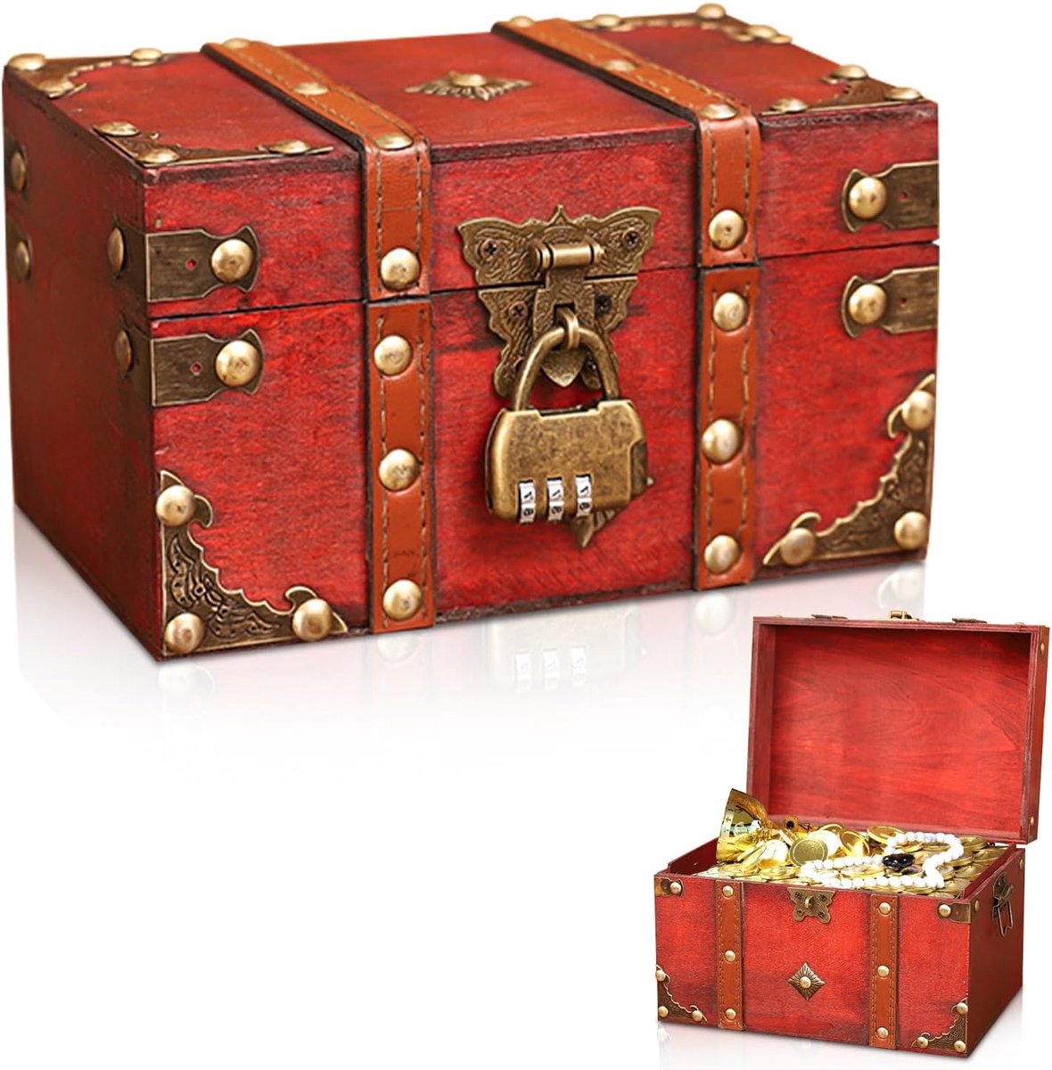 SnelShoppen - Vintage Piraten Schatkist met Combinatieslot: Kleine Houten Juwelenbox, Geldbox met Deksel voor Kinderverjaardag, Retro Treasure Chest v