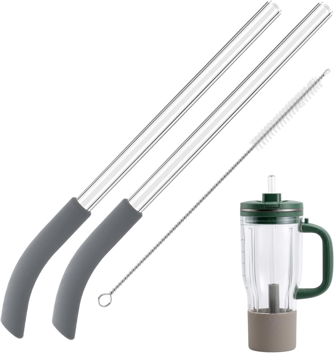 SnelShoppen - Vervangende Rietjes voor Smoothie Cups, Herbruikbare Glazen Rietjes met Schoonmaakborstel, Set van 2, 25cm Lang, Perfect voor Keuken en