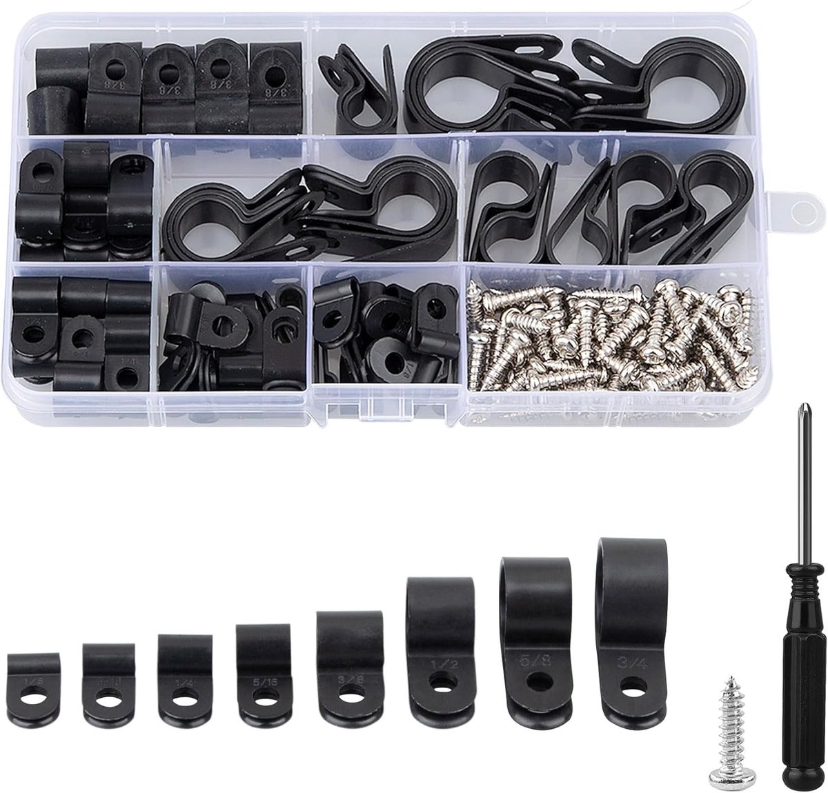 SnelShoppen - 151 Stuks Nylon R-Type Kabelclips Set - Zwarte Plastic R-Clips met Schroevendraaier en Schroeven - Organiseren en Bevestigen van Draden