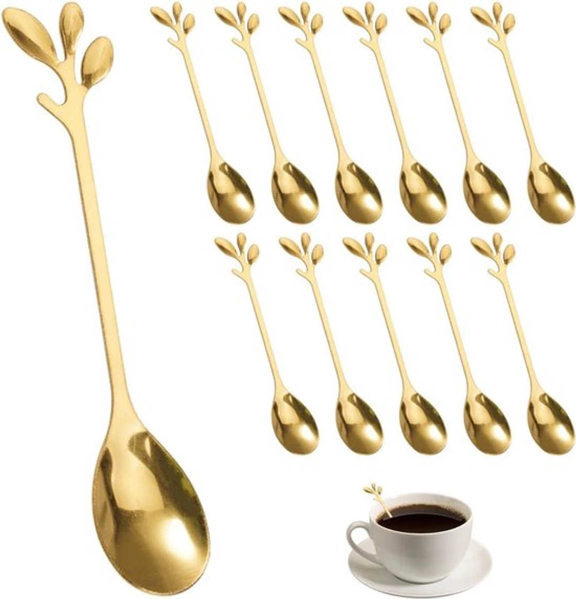 Decoratieve lepels - Set van 12 gouden RVS koffielepels - Mini theelepel - Cakelepel met takontwerp - Voor water, thee, melk, koffie - Dessert- en drankgerei - 12 cm