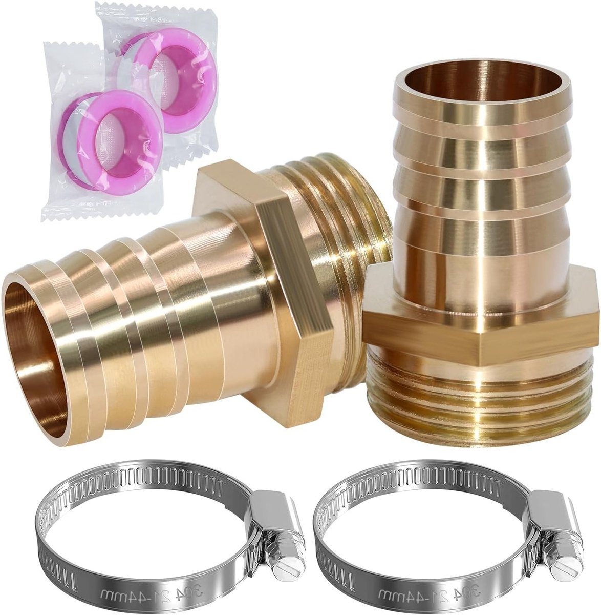 Hoesuitgang 1 inch AG met messing schroefaansluiting, inclusief 2 slangklemmen en Teflon tape voor optimale waterdichting en gebruiksgemak