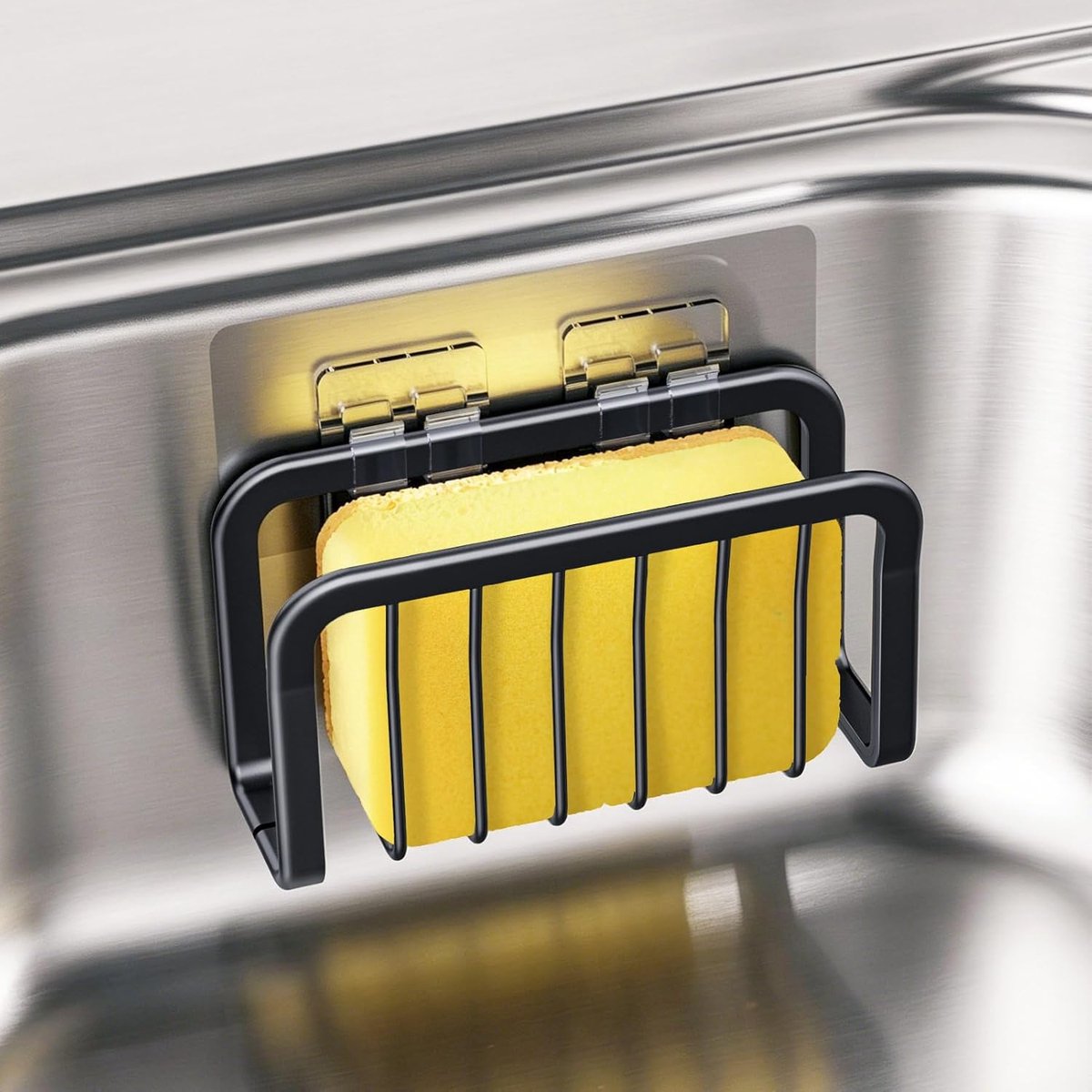SnelShoppen - U-vormige gootsteensponshouder met sterke zuignap, roestvrij aluminium sponshouder voor keuken, afneembare organizer, zwart, ruimtebespa