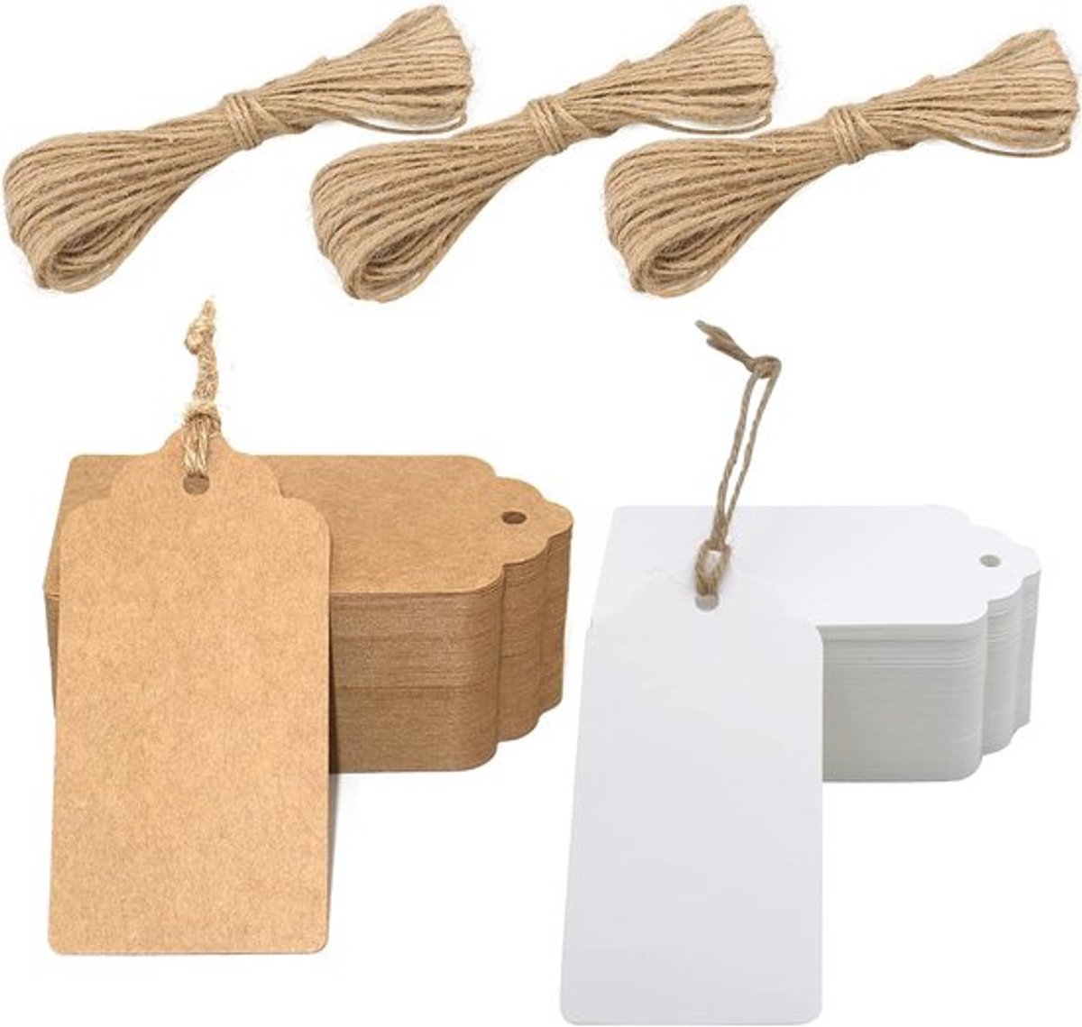200 stuks cadeauhangers van kraftpapier met jute koord - 5 x 10 cm - bruiloft, verjaardag, handwerk
