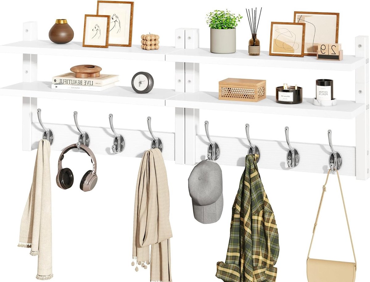 SnelShoppen - Wandhaak met 2 Planken, Wandgemonteerd met 8 Haken, Houten Kapstok voor Hal, Slaapkamer voor Kleding/Jassen/Slippers/Tassen, Wit, HWS009