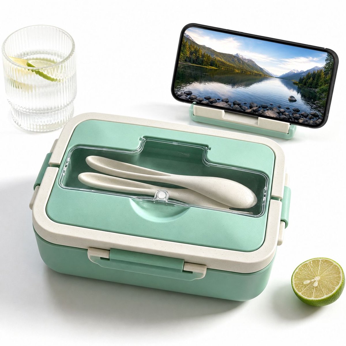 VHV-Multifunctionele Lunchbox met Telefoonhouder - Duurzame Tarwestro Broodtrommel voor Werk en School - Magnetronbestendige Bento Box - Lekvrij en BPA-vrij