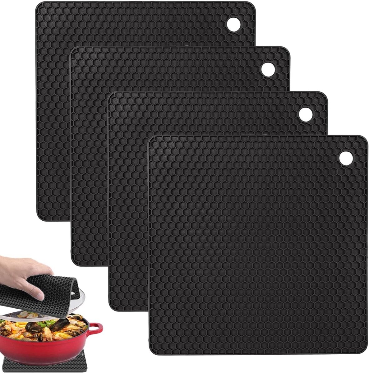 Set van 4 hittebestendige onderzetters van siliconen, antislip en isolerend voor soeppotten en pannen, ideaal voor bescherming tegen brandwonden