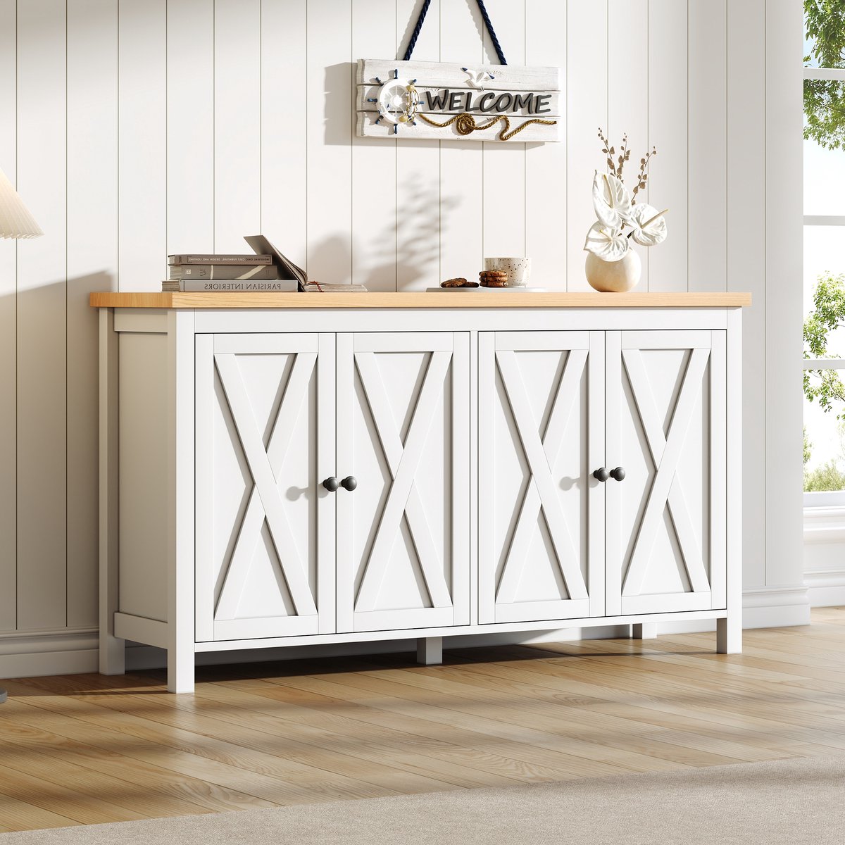 HAUSS SPOLE Dressoir - 4 Deuren Met Verstelbare Planken - Voor Woonkamer, Eetkamer En Hal - MDF - 140 x 40 x 78 Cm - Wit