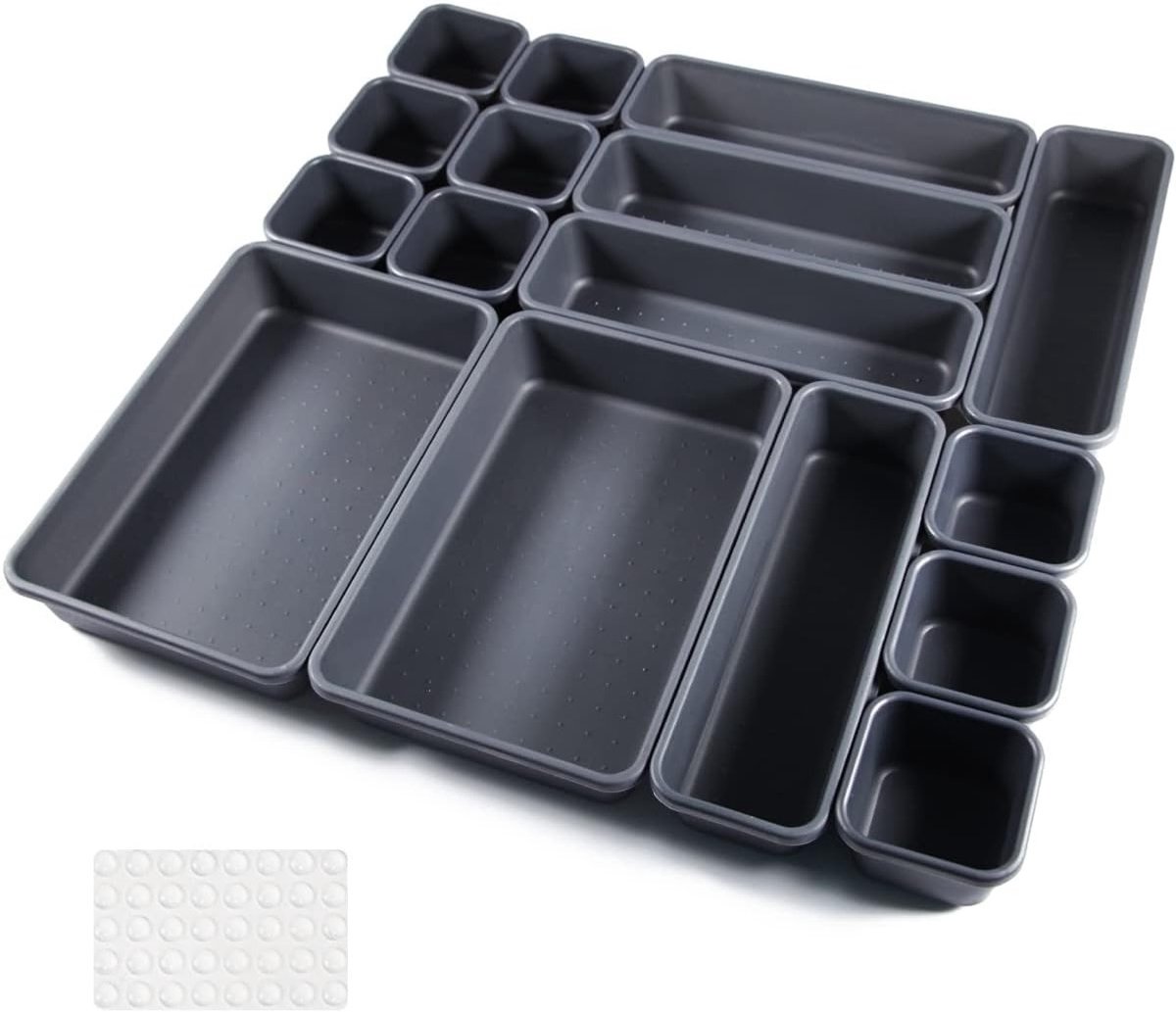 16-delige Inlay voor Lade-indeling, Specerijen Organizer, Zwarte Scheidingssystemen voor Keuken en Badkamer met 40 Antislip Siliconen Ballen, Ideaal voor Bureau en Opberging