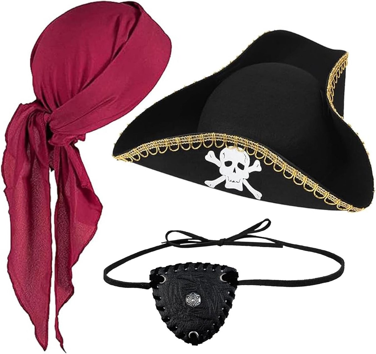 Piratenhoed met drie hoorns, piratenooglap en hoofddoek - Perfect voor piratenthemafeest, cosplay en Halloween feestkleding