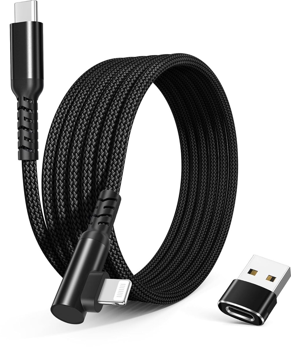 SnelShoppen - USB-C naar Lightning Kabel 3M met USB A Adapter | Snelle PD Oplader met Rechte Hoek voor iPhone 14, 13 Pro Max, SE 2022, AirPods, iPad 8
