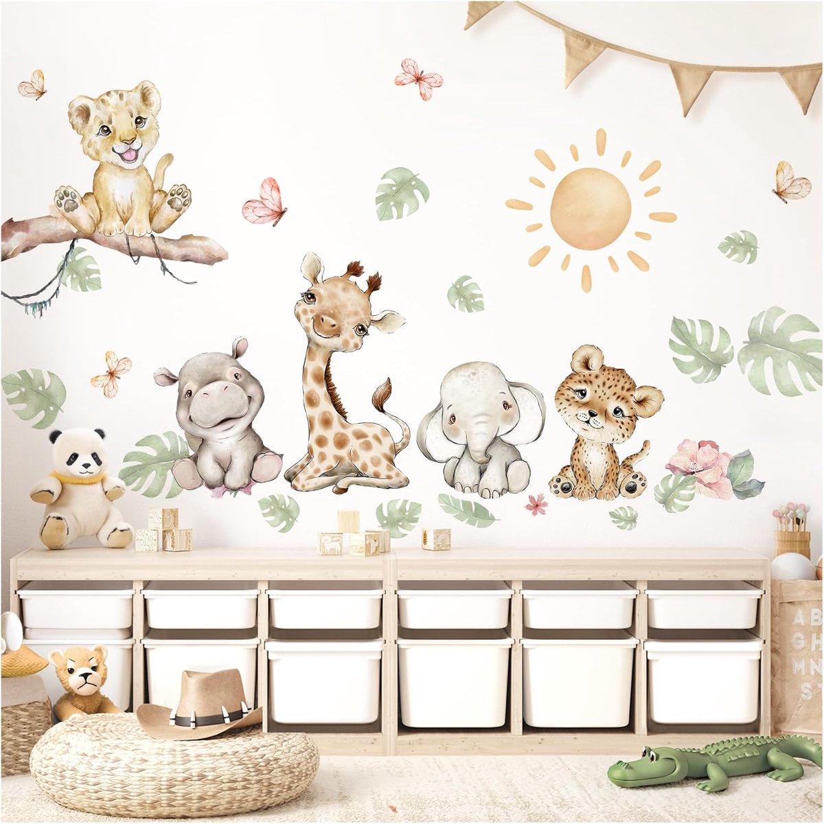 SnelShoppen - XL Wandtattoo Safari Dieren Giraffe en Olifant - Zelfklevend Muurdecoratie voor Kinderen - Premium Kwaliteit - 191 x 85 cm
