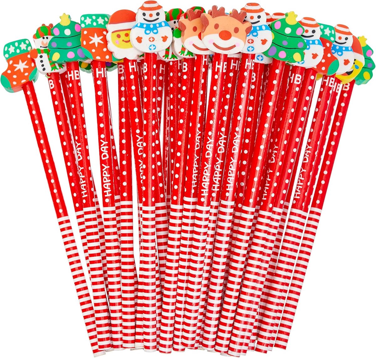 SnelShoppen - 50 Kerst Themed Potloden met Schattige Gumtopper voor Kinderen - School, Kinderfeestjes, Adventskalender, Verjaardagen, Cadeaus, Traktat