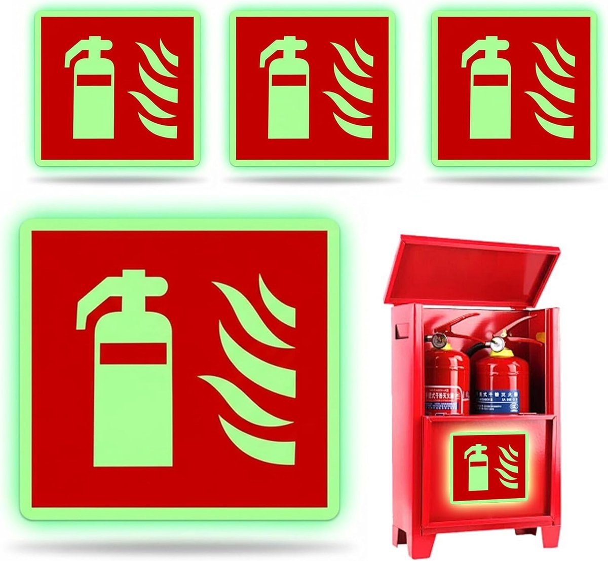 SnelShoppen - 4 Stuks Zelfklevende Brandblusser Stickers - PET Photoluminescent Veiligheidsstickers met Rode Veiligheidssymbolen voor Muur en Deur - T