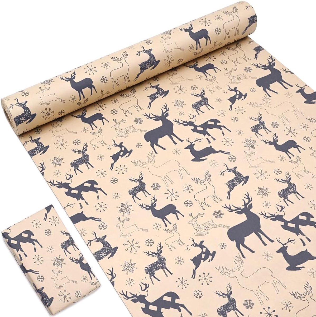 SnelShoppen - Kerst Cadeau Inpakpapier Rol 15m x 43cm - Recyclebaar Kraftpapier met Navy Blauwe Hert en Sneeuwvlok Print voor Feestdagen en Verjaardag