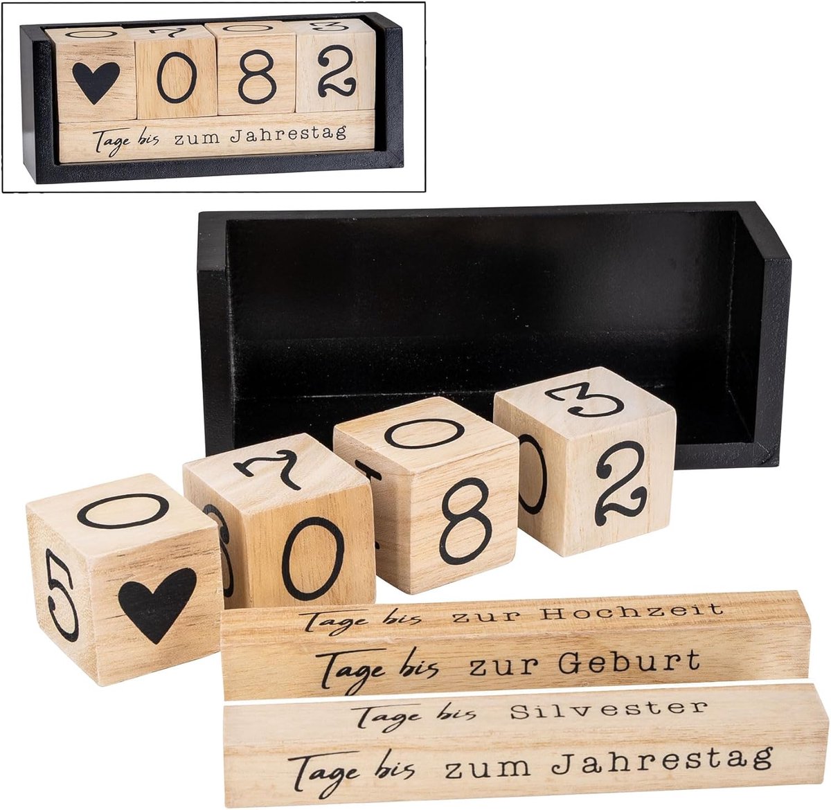 SnelShoppen - Houten Cube Countdown Kalender - Naturel Zwart - Tafelkalendar met 2 Thema Bars voor Feestdagen, Verjaardagen en Afspraken - Paulownia e