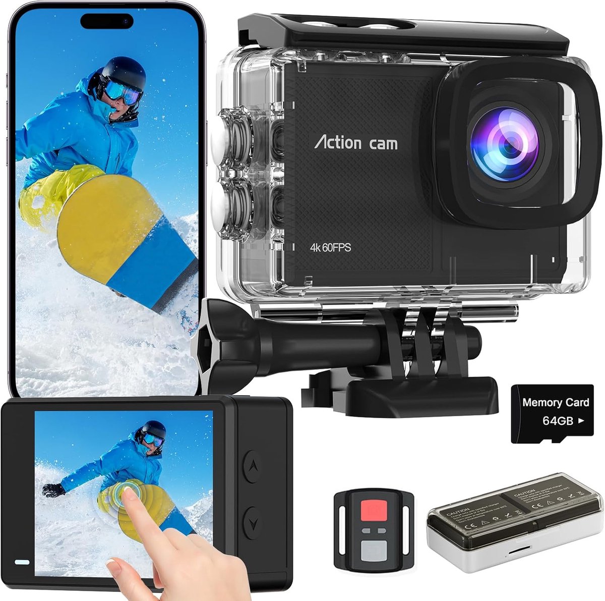 SnelShoppen - Action Camera met Touch Screen, 4K60FPS Onderwater Camera, 64G SD Kaart, 48MP HD WiFi, 40 m Waterdicht, Brede Hoek, 8x Zoom voor Avontur