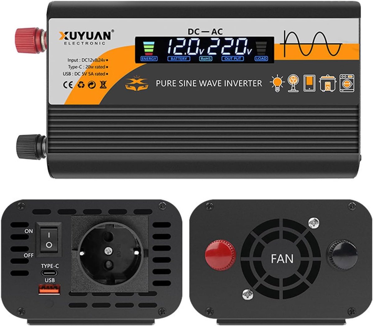 SnelShoppen - 800W 12V naar 220V Pure Sine Wave Spanning Converter met 1 EU Stekker en 2 x USB Auto Lader - DC Sinusgolf Inverter met Sigarettenaanste