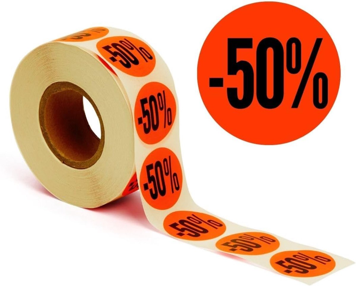 SnelShoppen - Actielabels Kortingsstickers -50% - 2000 Zelfklevende Rondelabels - Felrood - Voor Verlaagde Prijzen, Promotionele Artikelen en Seizoens