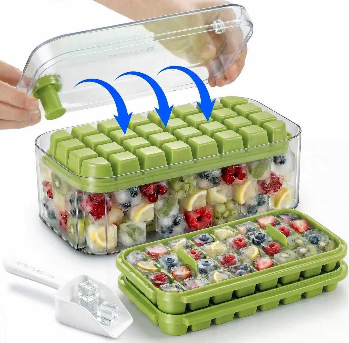 SnelShoppen - Ice Cube Tray met Deksel - 64 IJsblokjes Mallen - BPA Vrij - IJsblokjeshouder met Lepel - Ideaal voor Feestjes, Keuken en Camping - Groe