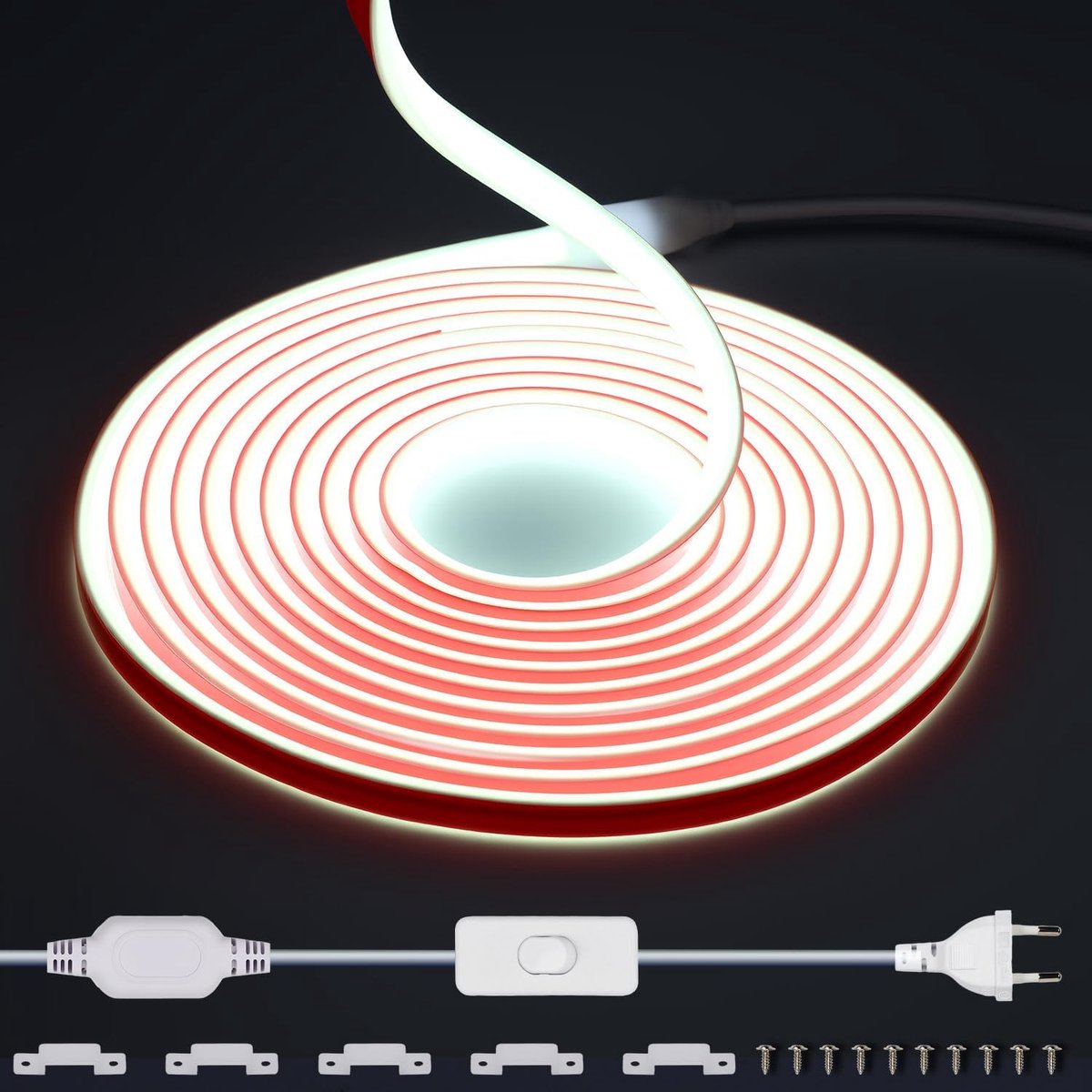 SnelShoppen - COB LED Strip 220V Waterproof 5m 288 LEDs/m Koel Wit 6000K Flexibel Voor Binnen Buiten Keuken Tuin Decoratie