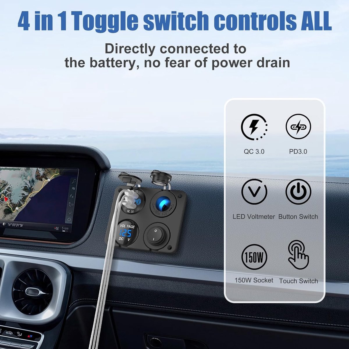 SnelShoppen - USB Socket 12V voor RV en Marine, Aluminium Double Charger met PD30W & QC18W, 150W Sigarettenaansteker, Blauwe Voltmeter en Rocker Switc