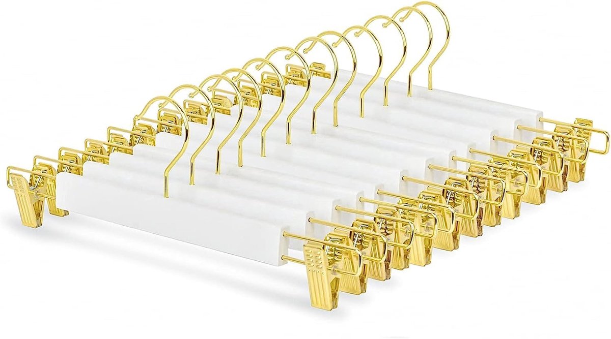 Thijox - 10 stuks Witte Houten Kleerhangers 36 cm met Antislipclips en Draaibare Haken, Robuuste en Glanzende Hangers voor Broeken, Rokken, Sokken en