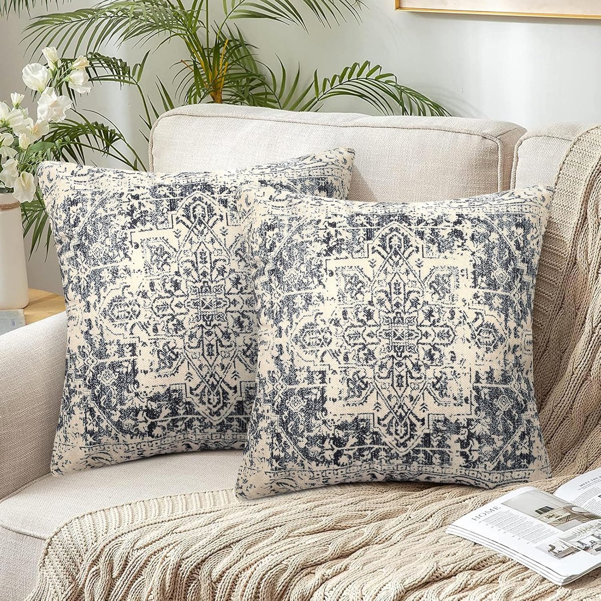 Thijox - Kussenhoes 50x50 cm Bohemian Linnen Dubbelzijdig Bedrukt Herfst Exotisch Patroon Sofakussen voor Woonkamer en Tuin - Boho Indiase Landhuissti