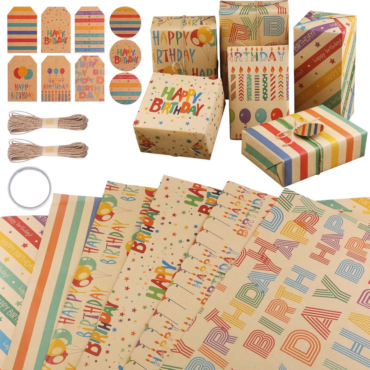SnelShoppen - Verjaardagscadeau Inpakpapier Set - 6 Vellen Bruin Kraft Cadeaupapier, Recyclebaar, Inclusief 9 Gift Tags, Jute Touw en Dubbelzijdige Ta