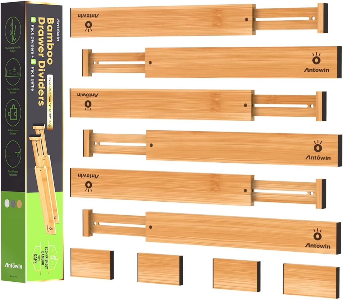 SnelShoppen - Set van 10 Verstelbare Bamboo Ladeverdelaars - Eco-vriendelijk, Antibacterieel, Organiser voor Keuken, Badkamer, Slaapkamer, Bureau, 43-