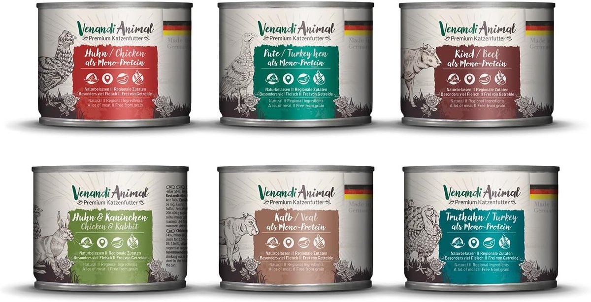 SnelShoppen - Premium Natvoer voor Katten, Proefpakket III, Kip, Kalkoen, Rundvlees, Kip-Rabbit, Varkensvlees, Graanvrij en Natuurlijk, 6 x 200 g, 1.2