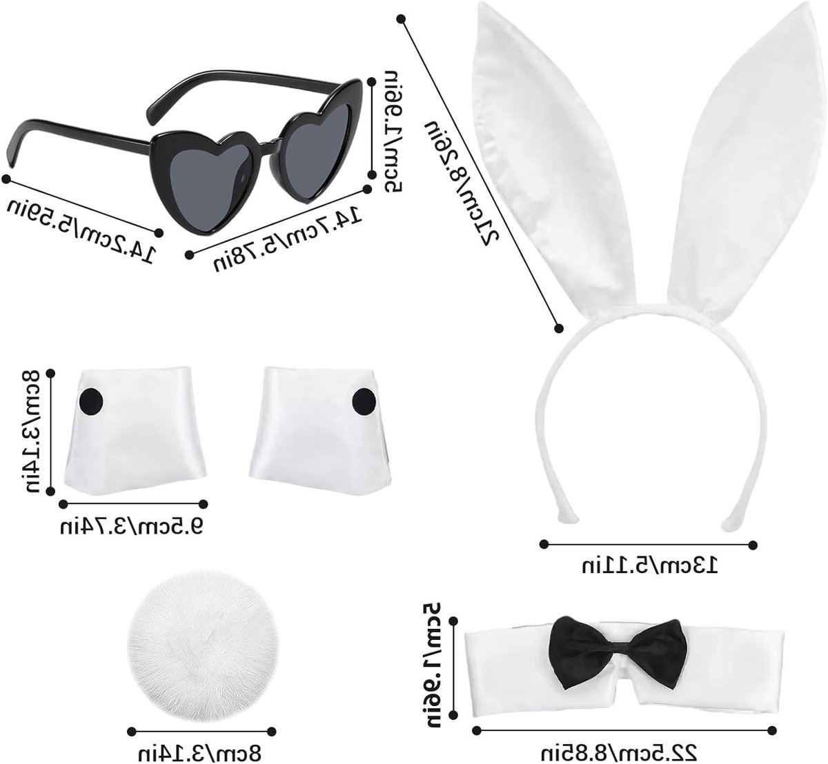 Vrouwelijk Konijn Kostuum Set van 5, Schattige Halloween Outfit met Oren, Strik, Mouwen, Bril en Staart voor Cosplay en Feestjes