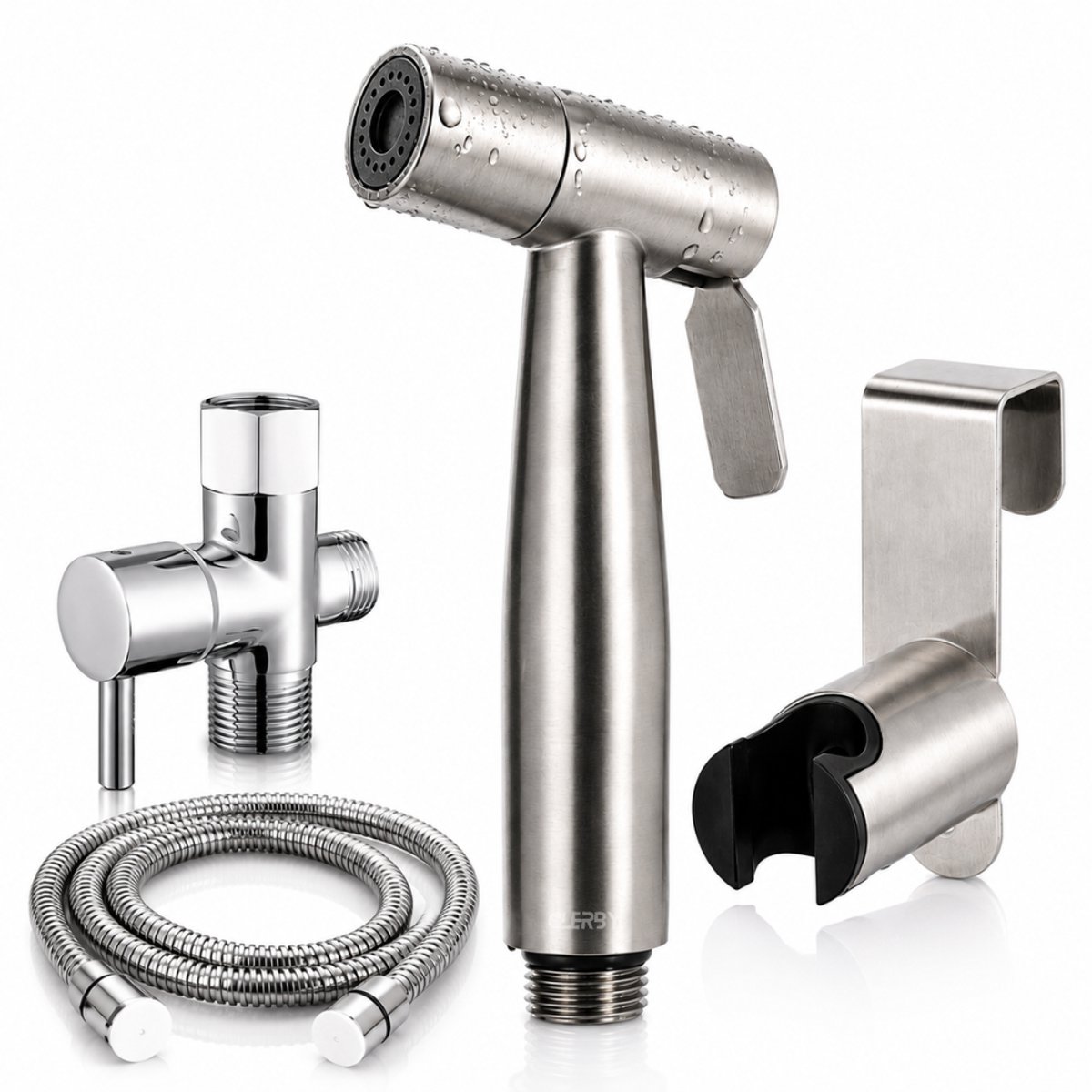 Clerby Bidet Handdouche Set – RVS Bidetsproeier voor Toilet – Verstelbare Waterdruk – Incl. 3/8" T-adapter, Slang en Ophangbeugel – Zilver