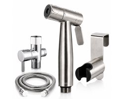 Clerby Bidet Handdouche Set – RVS Bidetsproeier voor Toilet – Verstelbare Waterdruk – Incl. 3/8" T-adapter, Slang en Ophangbeugel – Zilver