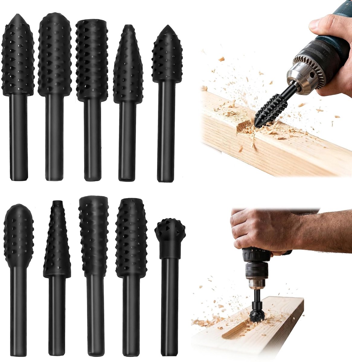 SnelShoppen - 10-delige set houten raspen voor boormachines, roterende vijlen met 1/4 inch schacht, houtbewerking, houtsnijden & graveren, gehard kool