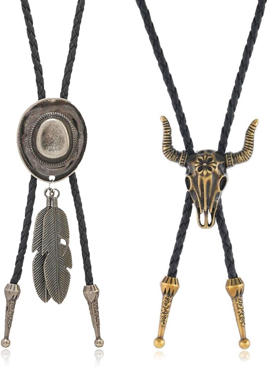 2 Stuks Verstelbare Leren Bolo Ties voor Cowboys - Vintage Accessoires voor Kostuums, Heren en Dames, Perfect voor Feestjes en Themed Events