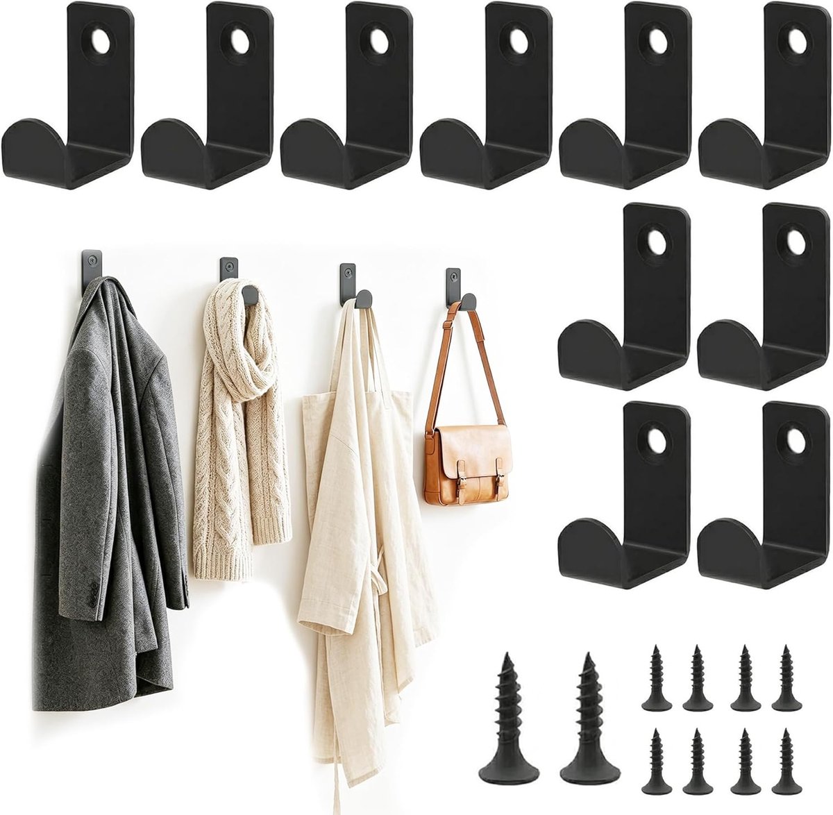 SnelShoppen - Set van 10 Zwarte L-vormige Wandhaken - Stevige Matte Zwarte Metalen Haakjes voor Jassen, Handdoeken en Kleding in de Slaapkamer - Inclu