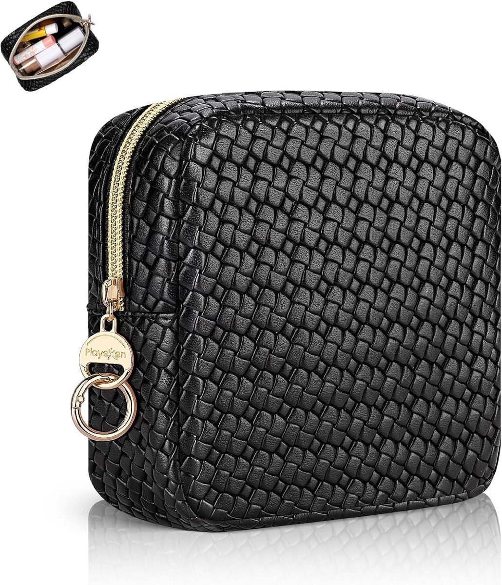 SnelShoppen - Kleine Make-up Tas voor Vrouwen - Mini Cosmetic Bag van PU Leer - Waterproof Toilettas - Elegant Zwart met Patroon - Perfect voor Reizen