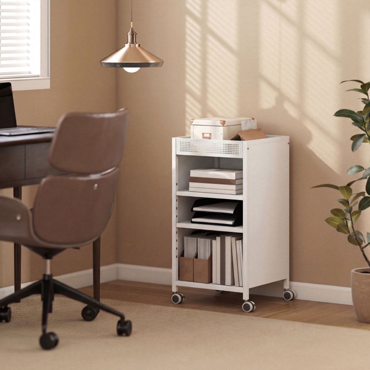 COVREO Boekenkast 35x34x69,5 cm - wit metaal, verstelbare planken en wielen