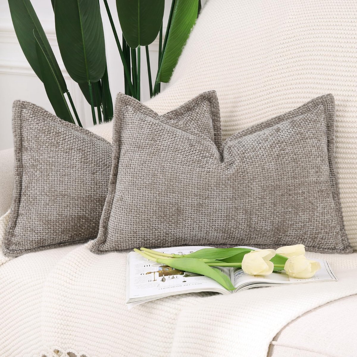 SnelShoppen - Set van 2 Zachte Korte Chenille Velvet Fringe Kussenslopen Decoratieve Hoes voor Sofa en Slaapkamer 30x50cm Taupe