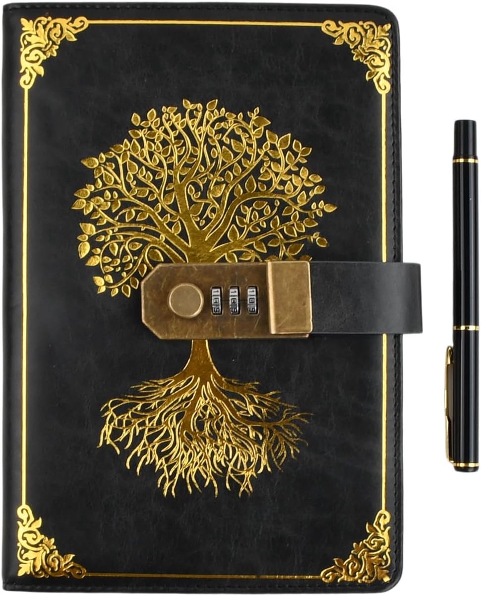 SnelShoppen - Vintage Leder Journal met Cijfercode, A5 21x14,5 cm, 200 Pagina's, Persoonlijk Dagboek met Pen, Reisdossier voor Mannen en Vrouwen, Zwar