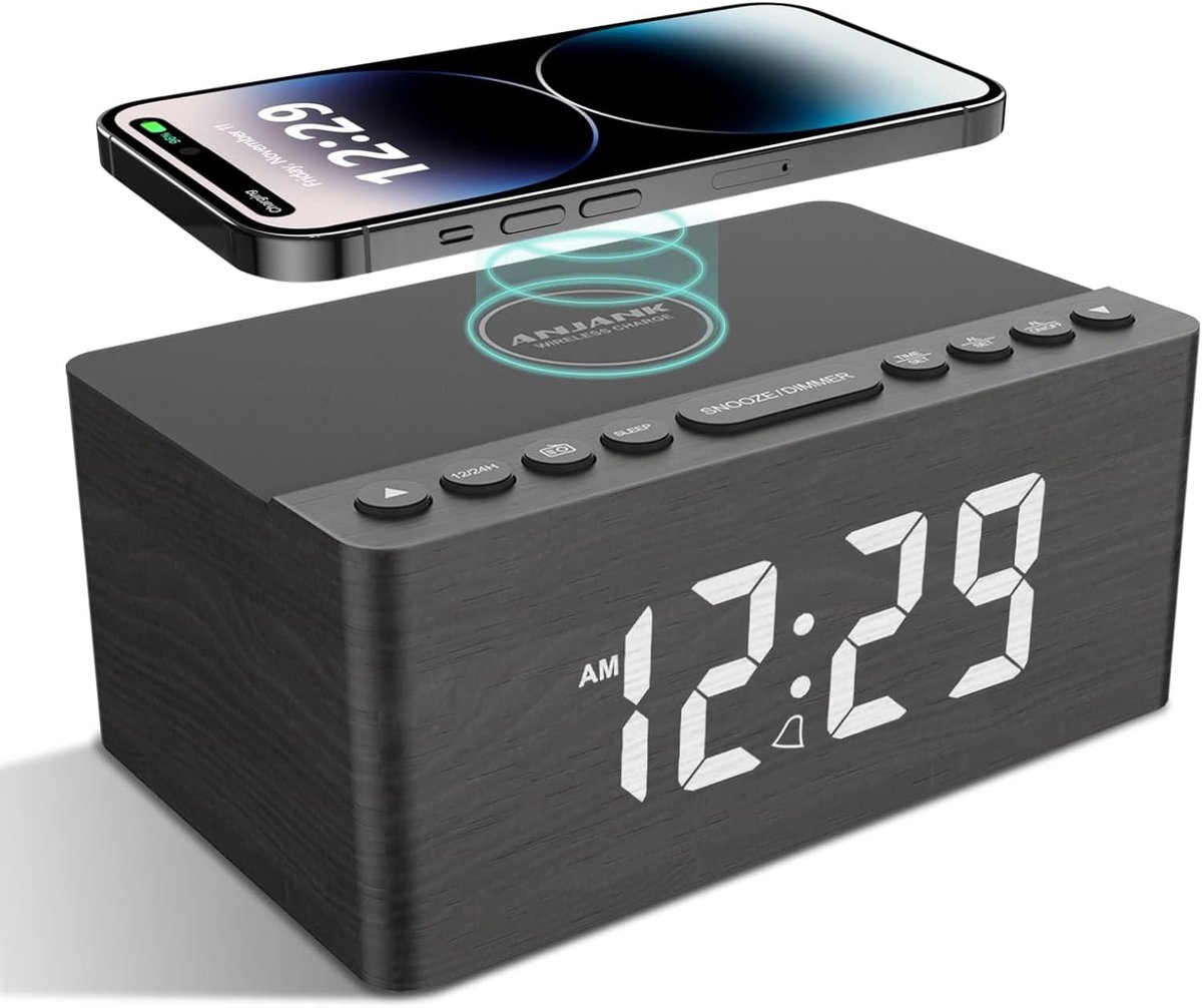 SnelShoppen - Digitale Radio Alarm Klok met Draadloze Oplader, 10W Snelle Oplader voor iPhone/Android, USB Oplader, Dimbare LED Scherm, Netwerk, Batte