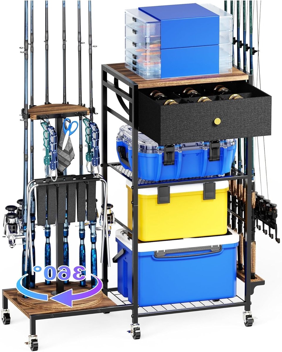 Rotatable Visspullen Organizer voor Garage, Opbergstandaard voor Tot 12 Hengels, Vissport Accessoires en Gereedschaphouder