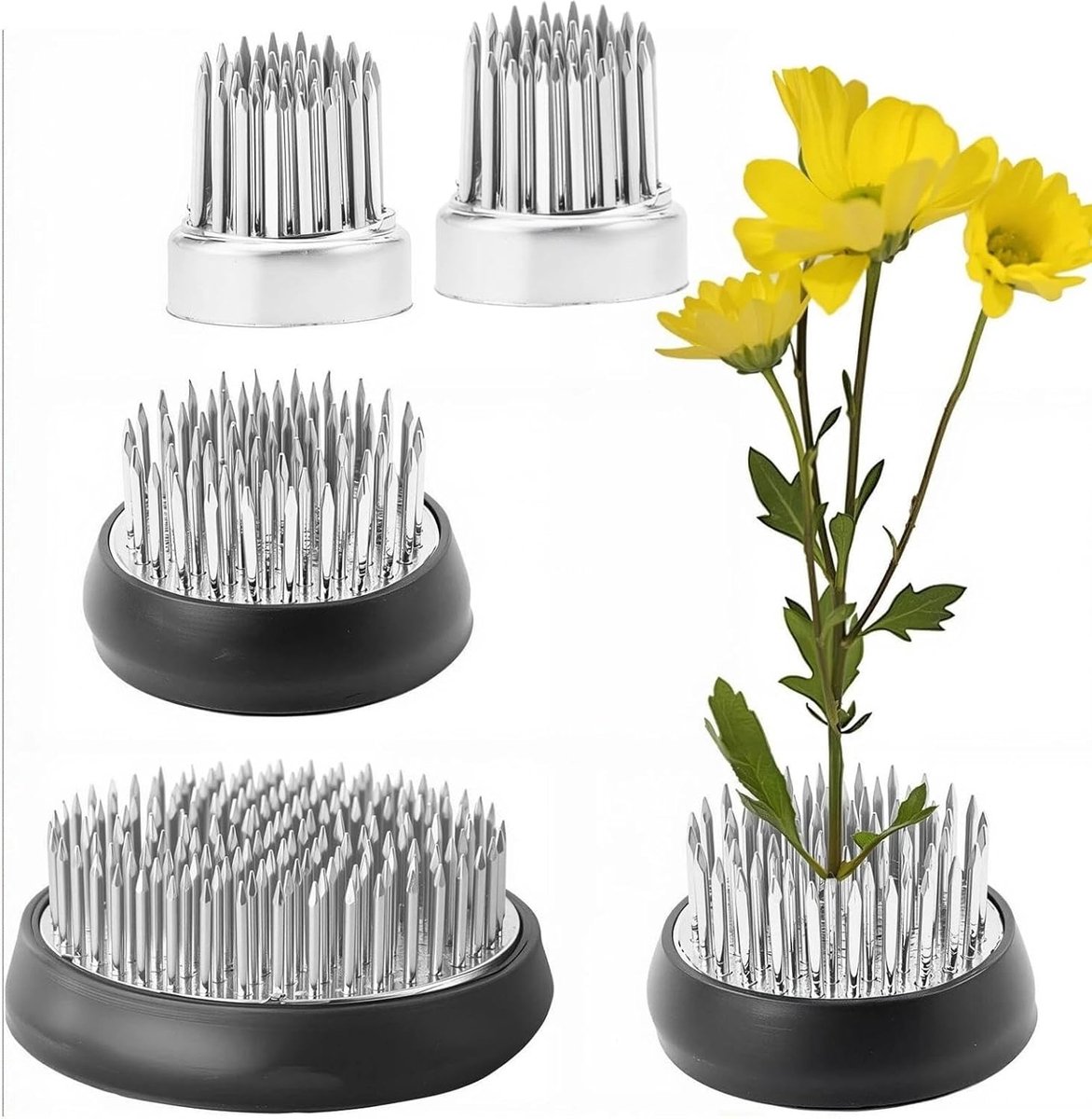 SnelShoppen - 4-delige RVS Nipple Flower Holder Set - 3 maten Ikebana Bloemschik Tool met Ronde Flower Frog voor Thuis, Tuin & Hotel - Robuust & Herbr