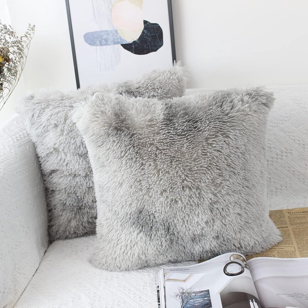 SnelShoppen - Set van 2 Kussenhoezen 40 x 40 cm Grijs Fluffy Pluche Kussenhoezen Faux Fur Decoratieve Cuddle Kussen Voor Bank en Slaapkamer