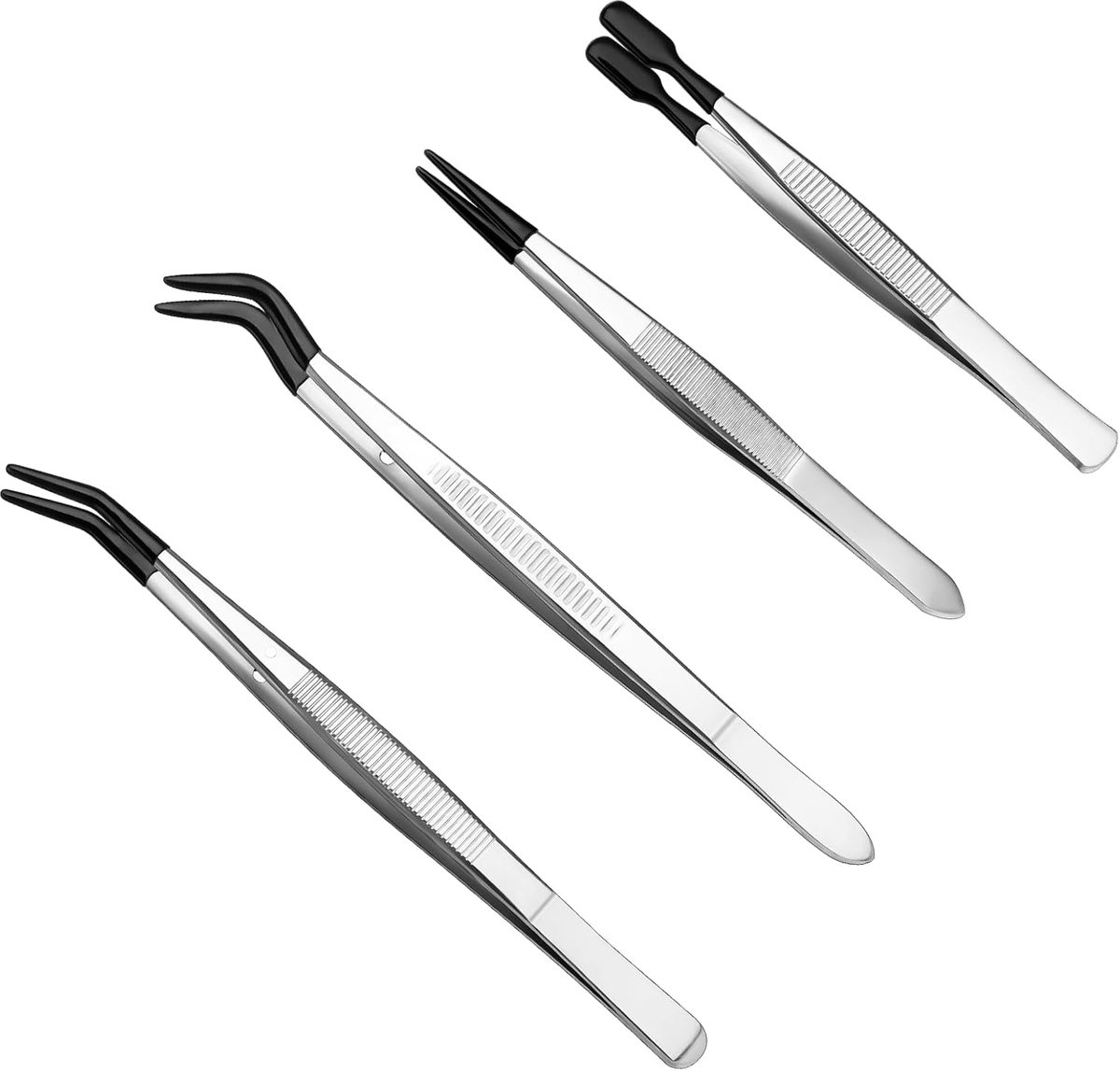 Thijox - 4 STKS Rubber Tip Pincet Set - Rechte, Platte, Lange en Gebogen Pincetten voor Ambachten, Sieraden, Elektronica en Lab Werk