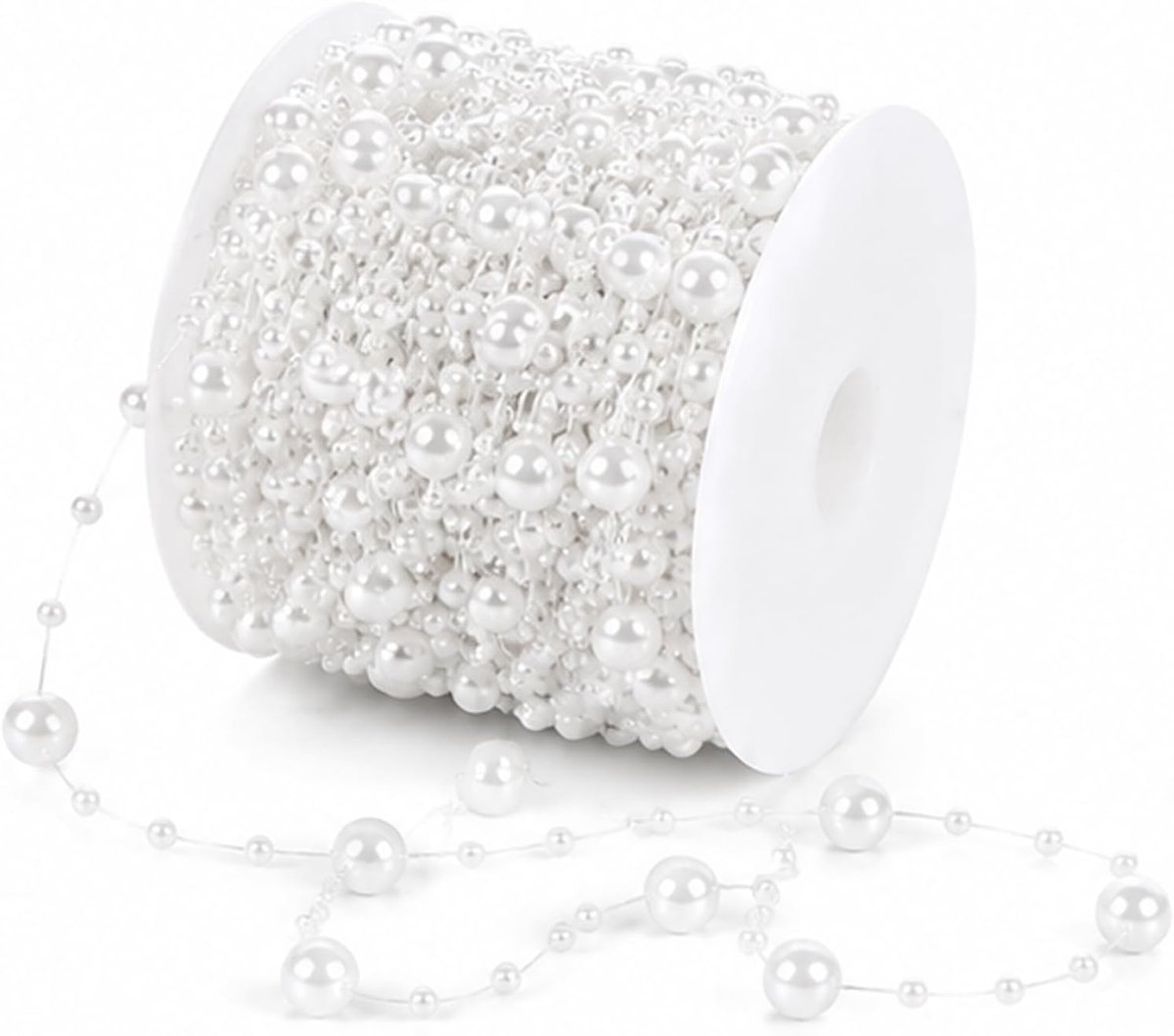 SnelShoppen - Kralenslinger 60m Wit, Kralenketting om te Knutselen, Kunstkralen Snoer 8mm & 3mm, Decoratie Kralenlint voor Bruiloft, Kerst, DIY Projec