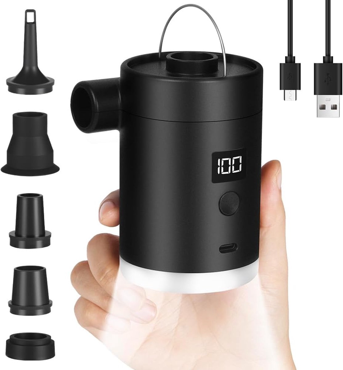SnelShoppen - Mini Draagbare Elektrische Luchtpomp met Campinglamp, 4000mAh Accu, 5 Jets voor Snel Opblazen van Luchtbedden en Zwembaden