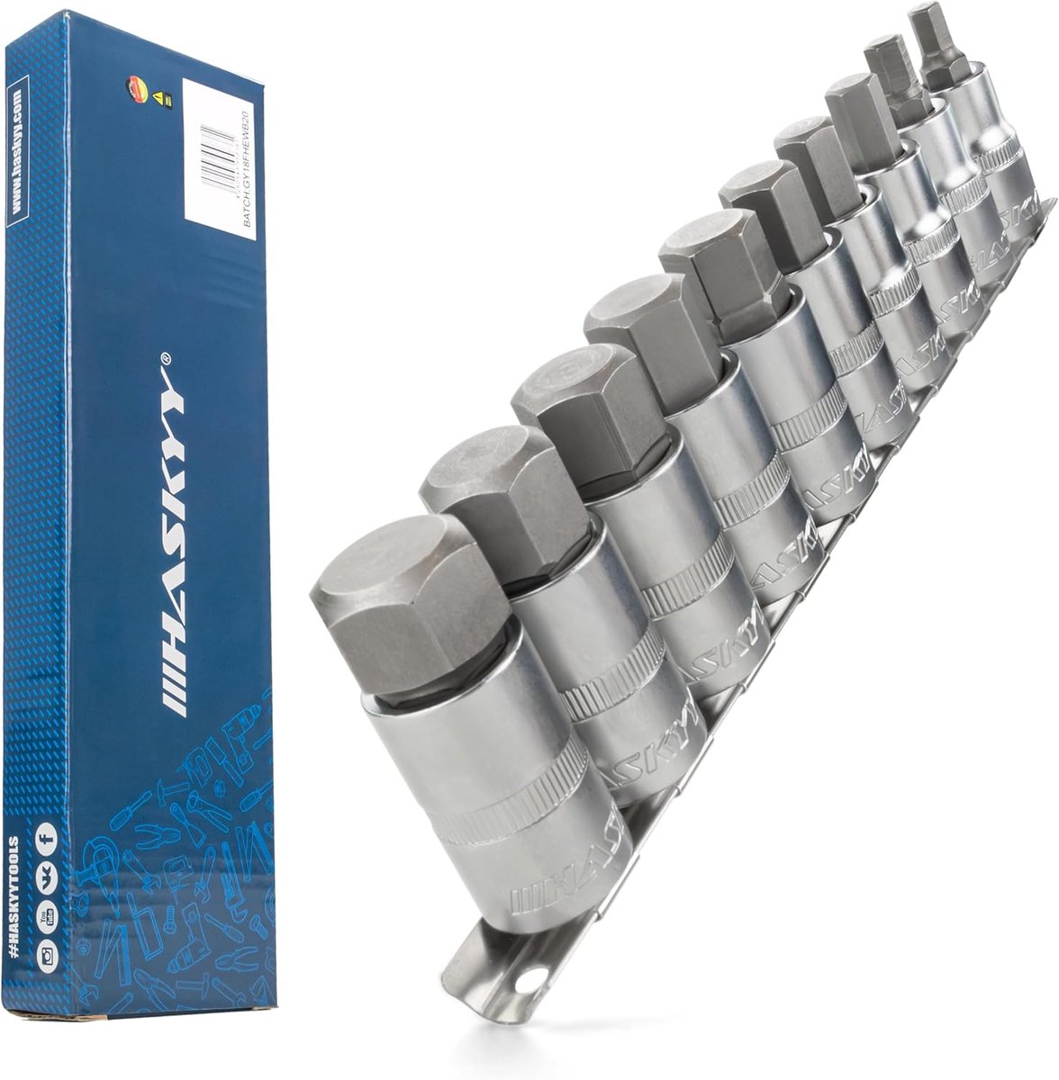 SnelShoppen - 10-delige Inbus Sleutelset 1/2 Inch - Chrome Vanadium Staal - Maten 4-19mm - Voor Ratchet, Momentsleutel, Auto en Machine Onderhoud